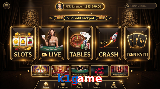 Main screen of K1game casino page for PK players
